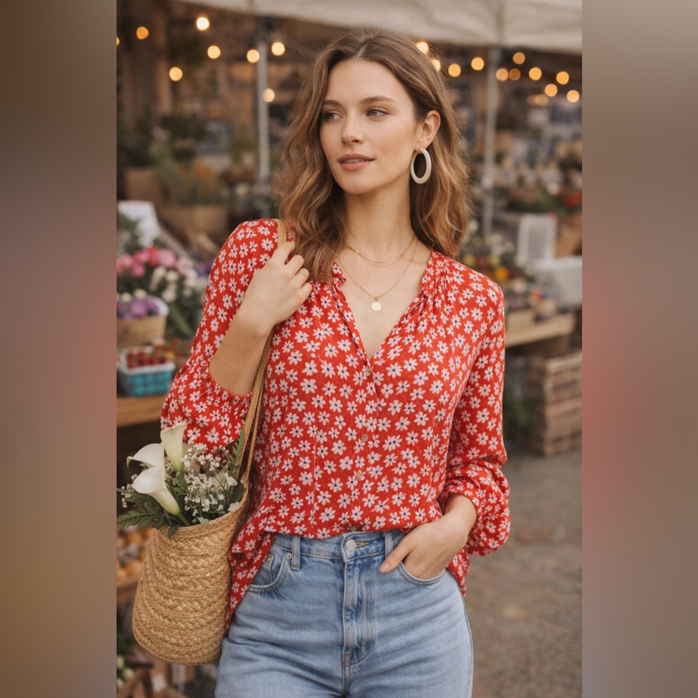 Old Navy Red Floral Blouse XL | Lightweight Spring Top Boho Peasant Cottagecore
